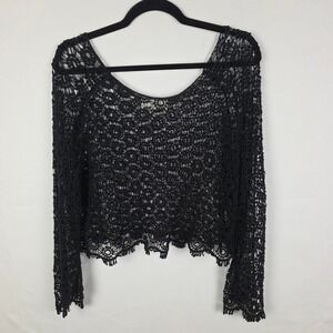 Mizumi Black Crochet Lace Long Sleeve Top Cotton Scalloped Fringe Boho‎ S/M